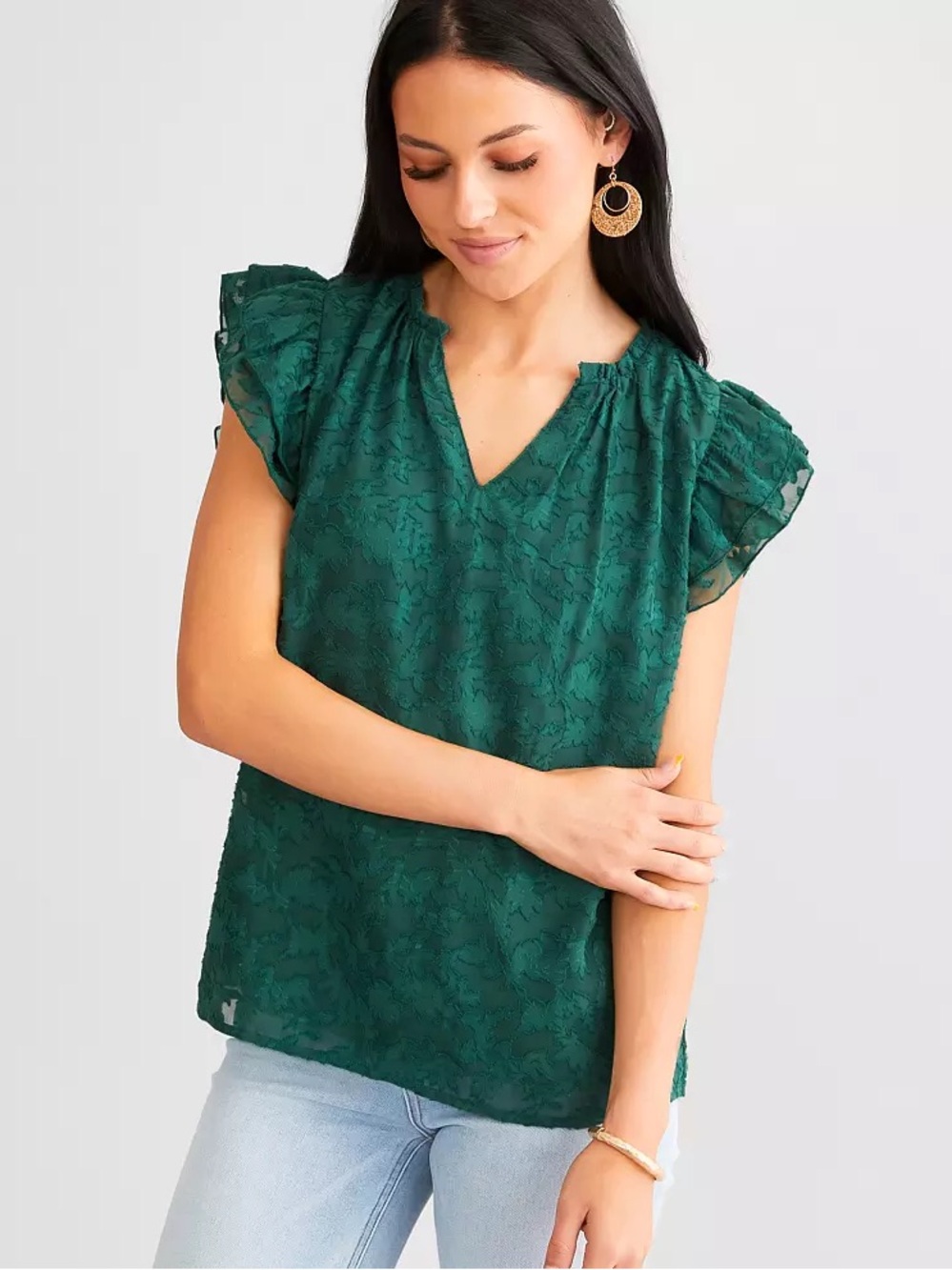 Willow & root Women’s Textured Teal Flutter-Sleeve Blouse SZ L
